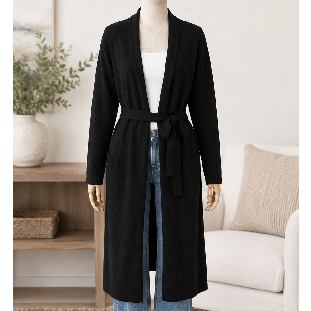 Babaton Womens Wrap Dress Black Long Sleeve Belted Knit Midi L